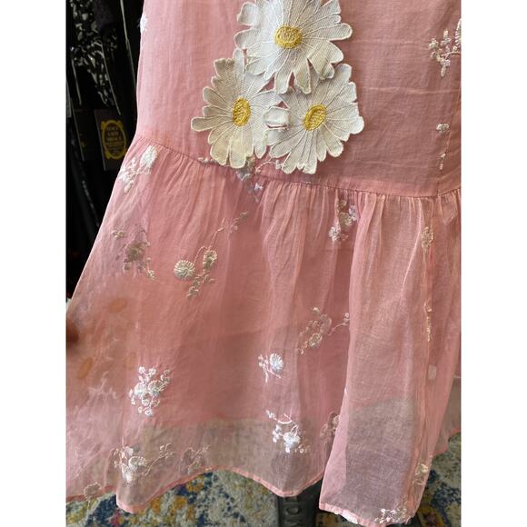 Vintage style pink organza dress applique daisies easter spring wedding s/m 28 - Picture 11 of 12